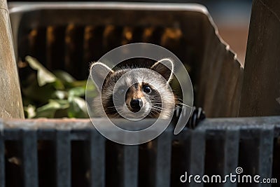 Documenting Urban Wildlife: A Trash Can Encounter with a Playful Raccoon Stock Photo