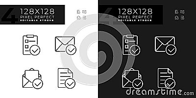 Documents with checkmarks pixel perfect linear icons set for dark, light mode Vector Illustration