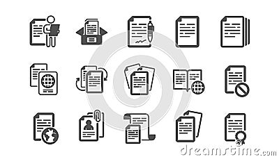 Documents icons set. Passport, Copy files, Contract agreement. Certificate doc. Vector Vector Illustration
