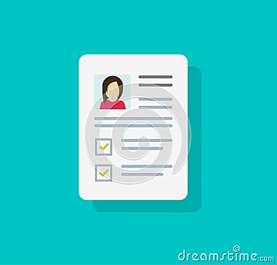 Documents with personal data vector icon, flat cartoon paper document with user profile data and photo symbol, concept Vector Illustration