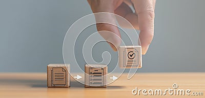 Documents screen printed on wooden blocks for preparing documents for review and approval Stock Photo