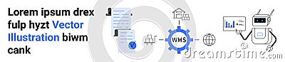 Vector Business Workflow Featuring Documents, WMS Gear, Robot Analyzing Data Vector Illustration