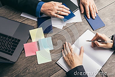 Visa passport office sevice consultation. Top view table with papers. Stock Photo