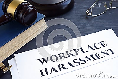 Documents about Workplace harassment in a court. Stock Photo