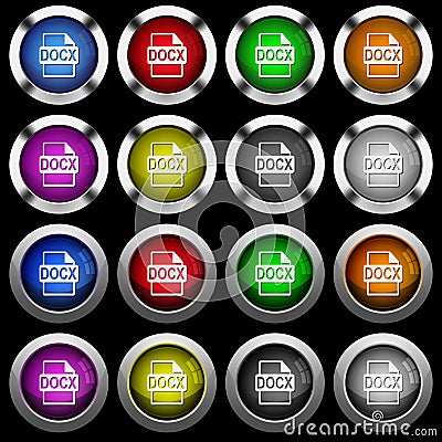 DOCX file format white icons in round glossy buttons on black background Stock Photo