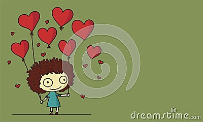 Doddle Style Cute Little Girl Holding Red Heart Shape Balloons On Pastel Olive Background And Copy Space. Love Or Valentine`s Day Stock Photo