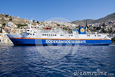 Dodekanisos Seaways High Speed Catamaran Arriving in Main Port of Symi, Greece Editorial Stock Photo