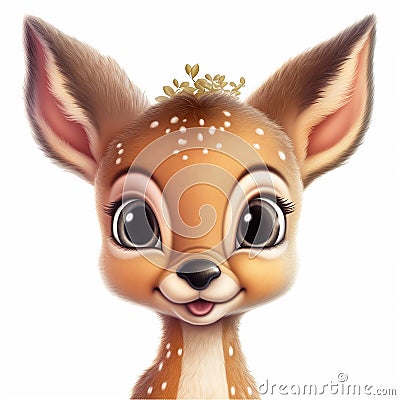Doe eyed baby deer, closeup on white background. Cartoon Illustration
