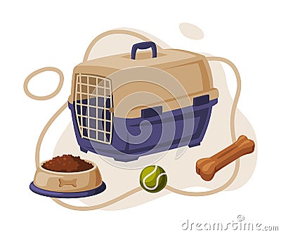 Dog Accessories Set, Pet Animal Stuff, Bowl of Dog Food, Portable Cage, Bone Cartoon Style Vector Illustration Vector Illustration