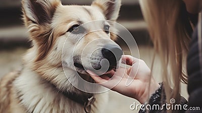 dog adoption concept woman petting dog pet love and care generative AI Stock Photo