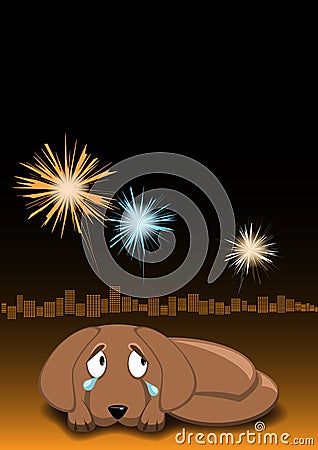 Dog is afraid of fireworks and crying. Dogs afraid din sounds. Night sky, fireworks and city lights on background. Vector image Vector Illustration