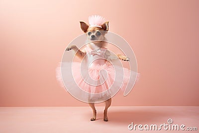 A dog as a ballerina dancer in a tutu on pastel background. Dog dancing in ballerina outfit doing a pirouette. Classic dance, Stock Photo