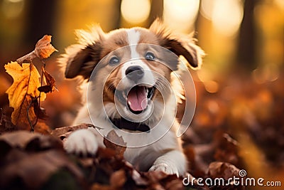 dog in autumn : A beautiful dog walking and running. Generative AI Stock Photo