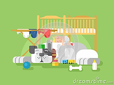 Dog and baby sleep Vector Illustration