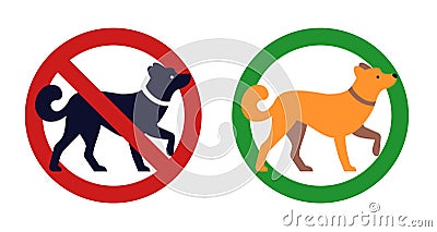 Dog ban sign. Pets prohibited circle crossed icon. Animal restricted zone. Puppies walking law regulations. Allowed or Vector Illustration