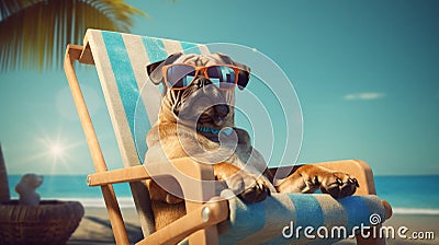 Dog on beach chair wearing sunglasses Stock Photo