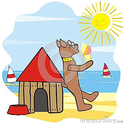 Dog on beach by doghouse, funny vector illustration Vector Illustration