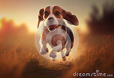 Dog Beagle running and jumping with tongue out through green grass field in a spring Cartoon Illustration
