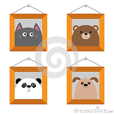 Dog, bear, cat, panda head. Picture frame hanging on the wall. Cute cartoon character set. Pet forest wildlife animal baby collect Vector Illustration