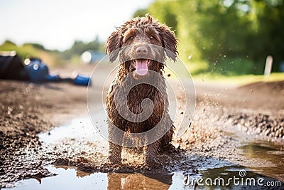 Dog being washed to remove dirt and mud after a playful outdoor adventure, highlighting the importance of cleanliness and hygiene Stock Photo