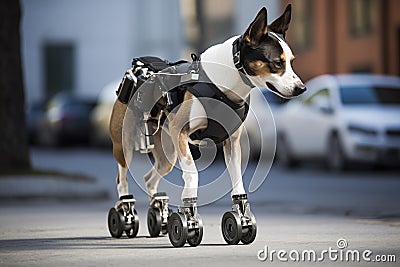 Dog with bionic prosthetic paws on wheels. Generative AI Stock Photo