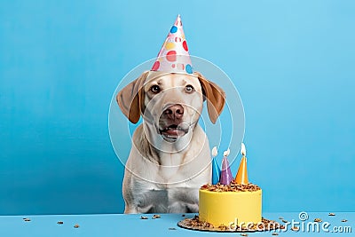 dog with a birthday cap on his head and birthday cake on a blue background. Copy space, Ai generative Stock Photo