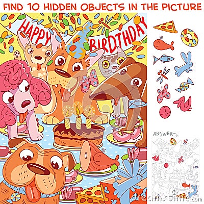 Dog birthday. Find 10 hidden objects Vector Illustration