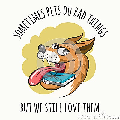 Dog Bites Cell Phone Cartoon Illustration