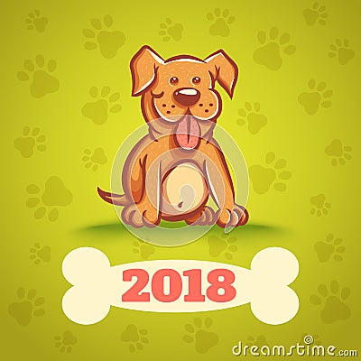 Dog with bone 2018. Vector Illustration