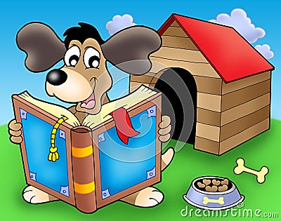 Dog with book in front of kennel Cartoon Illustration