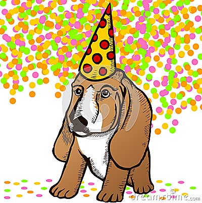 Dog breed Basset in a hat sitting Cartoon Illustration