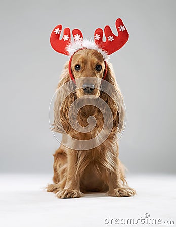 Dog breed English spaniel with Christmas antlers Stock Photo