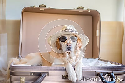 Dog breed golden retriever in a straw hat in a suitcase. Travel concept with pets. Generative AI Stock Photo