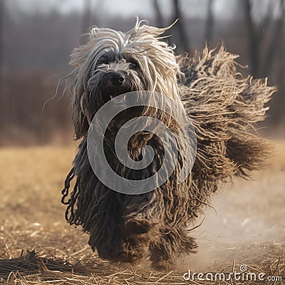 Dog breed Puli runs across the field, long black wool flutters in the wind, Stock Photo