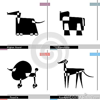 Dog breed set with stylized Afghan Hound, Azawakh, Poodle and Komondor. Vector Illustration. Vector Illustration