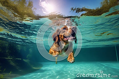 fun dog underwater swimming vacation pool water funny snorkeling puppy. Generative AI. Stock Photo