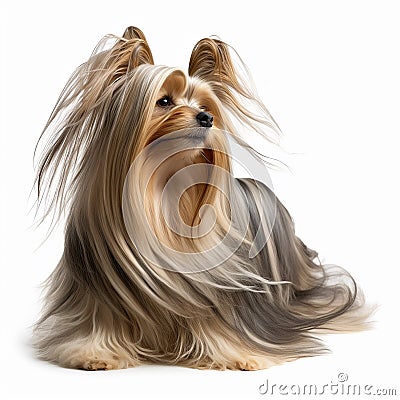 Dog breed yorkshire terrier with very long beautiful coat isolated on white close-up, yorkie gorgeous domestic pet Stock Photo