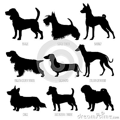 Dog breeds silhouettes set. High detailed, smooth vector illustration Vector Illustration
