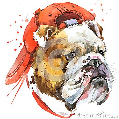 Dog Bulldog T-shirt graphics. dog Bulldog illustration with splash watercolor textured background. unusual illustration watercolor Cartoon Illustration