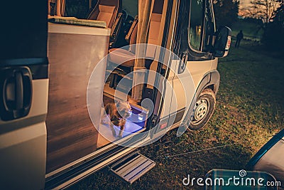 Dog in the Camper Van Stock Photo