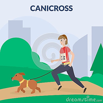 Dog canicross. A woman training dog. Cynology. Flat vector. Vector Illustration
