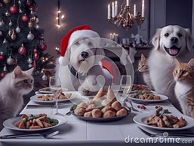 Dog with cap is waiting for christmas presents at the table. AI generated. Illustration. Stock Photo