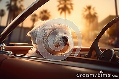 A dog in a car on a trip, animals on vacation, a dog against the background of palm trees and a summer sunset. generative ai Stock Photo