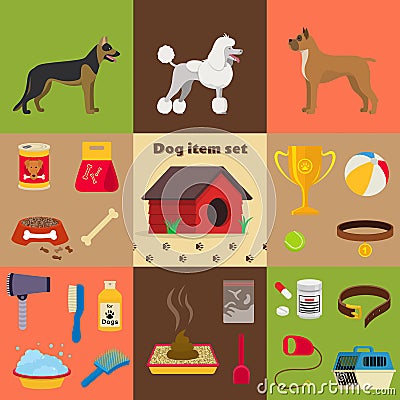 Dog care object set, items and stuff, vector cartoon illustration Vector Illustration