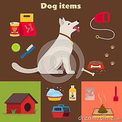 Dog care object set, items and stuff Vector Illustration