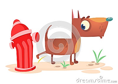 Cartoon funny brown pitbull dog pees on hydrant Vector Illustration