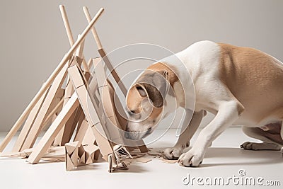 dog or cat architect drawing futuristic building, with pencil in its mouth Stock Photo