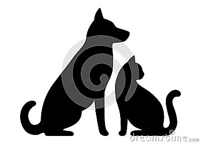 Dog and cat black profile silhouette. Pets sit together, side view isolated on white background. Design for veterinary Vector Illustration