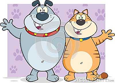 Dog And Cat Characters Hugging Over Paw Prints Background Vector Illustration