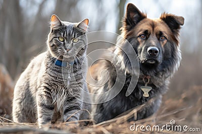 dog and cat charge together towards dangerous situation, ready to fight for what is right Stock Photo